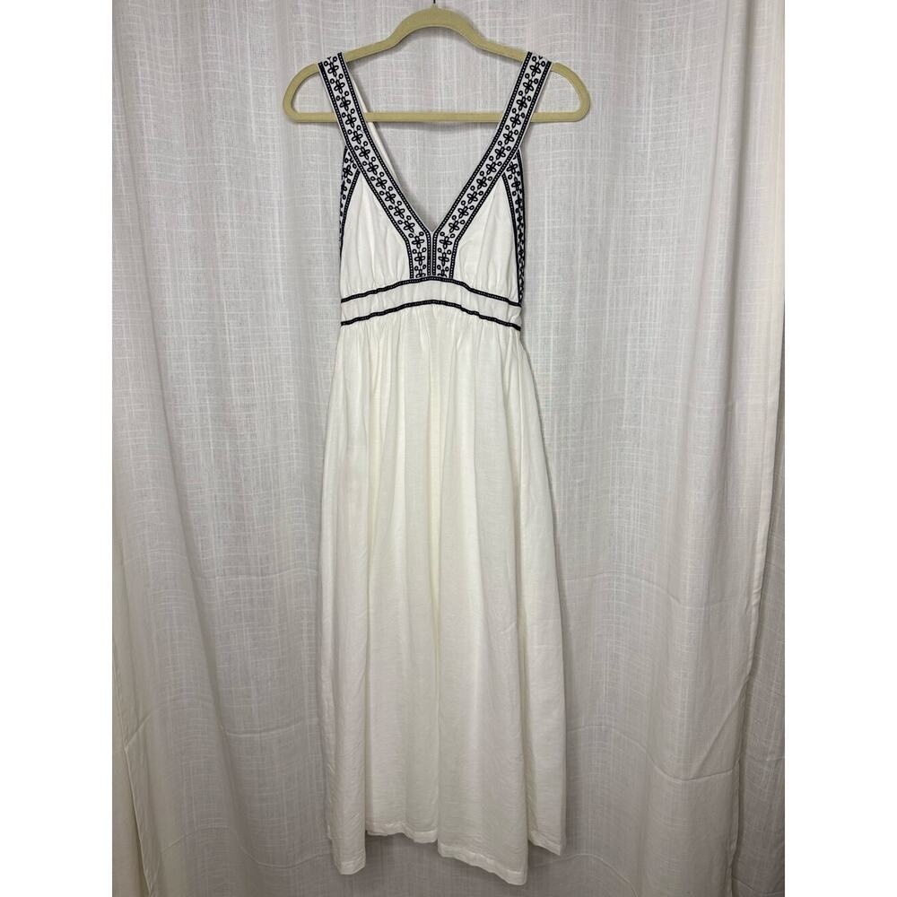 J. Crew White Navy Blue Embroidered Maxi Dress V-Neck Sleeveless Flowy Like New - Picture 2 of 10